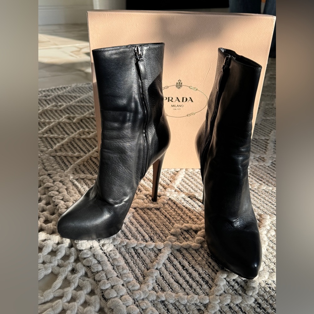 PRADA black leather heeled ankle booties